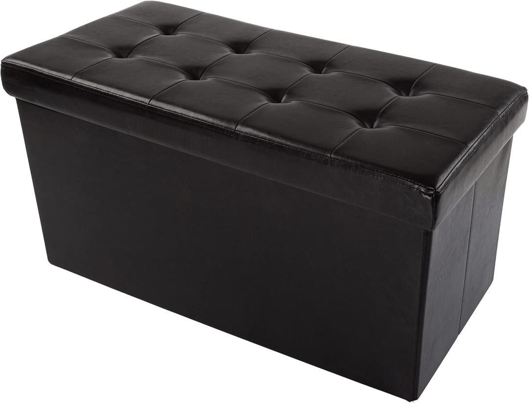 Storage Ottoman - 30-Inch Folding Faux Leather Footrest, Linen Chest, or Bench with Removable Bin for Living Room or Bedroom by Home-Complete (Black)