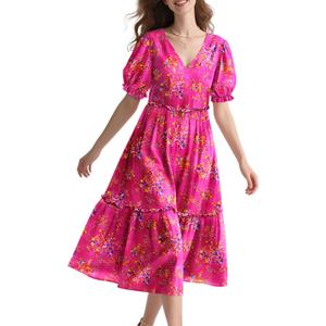 YESNO Summer Floral Midi Dresses for Women V Neck Puff Short Sleeve Frill Trim Dress with Pockets EVX