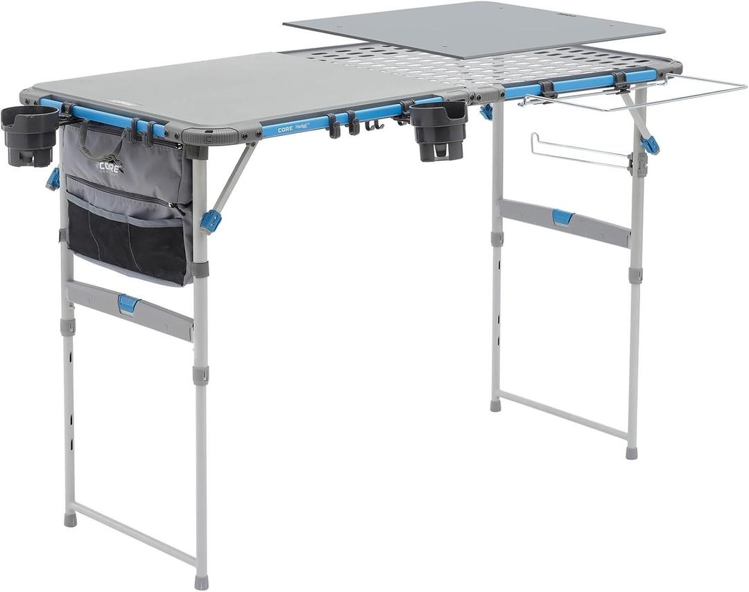 CORE Outdoor Cook Table | 4 Foot Table with Adjustable Height and Storage for Cooking Accessories | Foldable & Portable for Beach, Picnic, Backyards, BBQ, Tailgate, Patio and Party, 4 Foot Prep & Cook Table with FlexRail