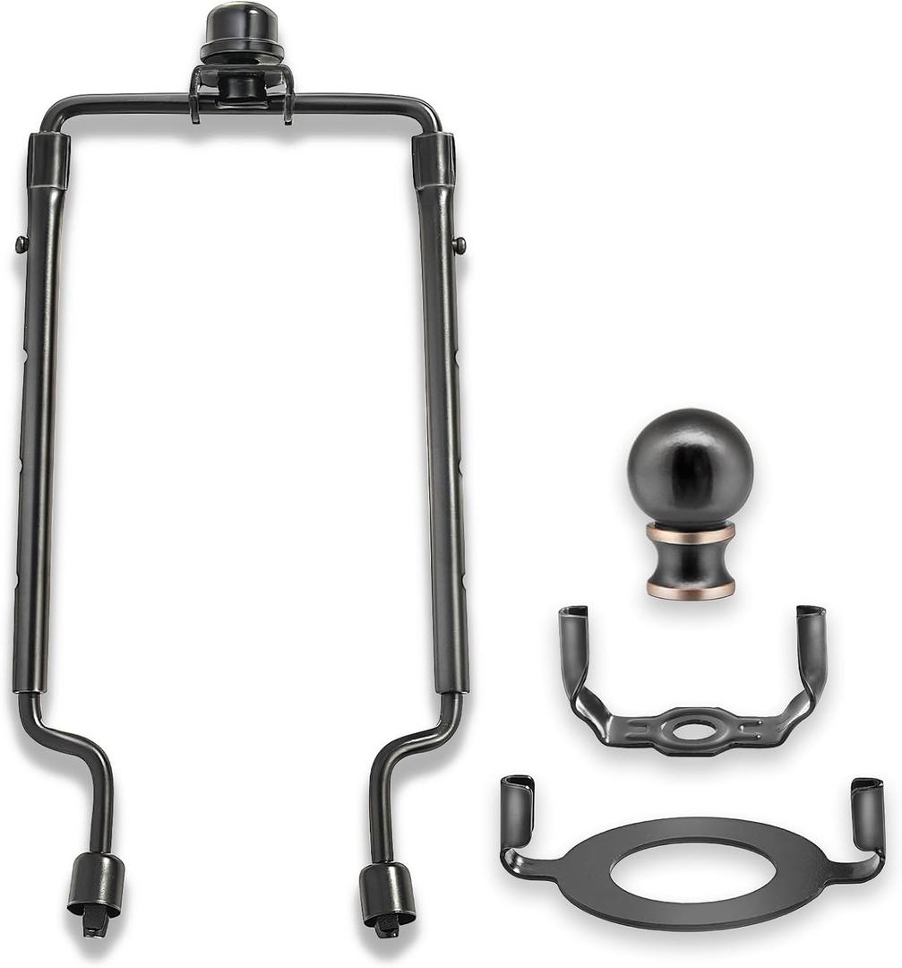 7 8 9 10 inch Lamp Shade Harp Holder,Adjustable Lamp Harp Kit,Fit Both Standard Lamp Rod and E26 Light Base UNO Fitter Adapter,with 2 Shade Attaching Finial Top (Black Color - 1 Set)