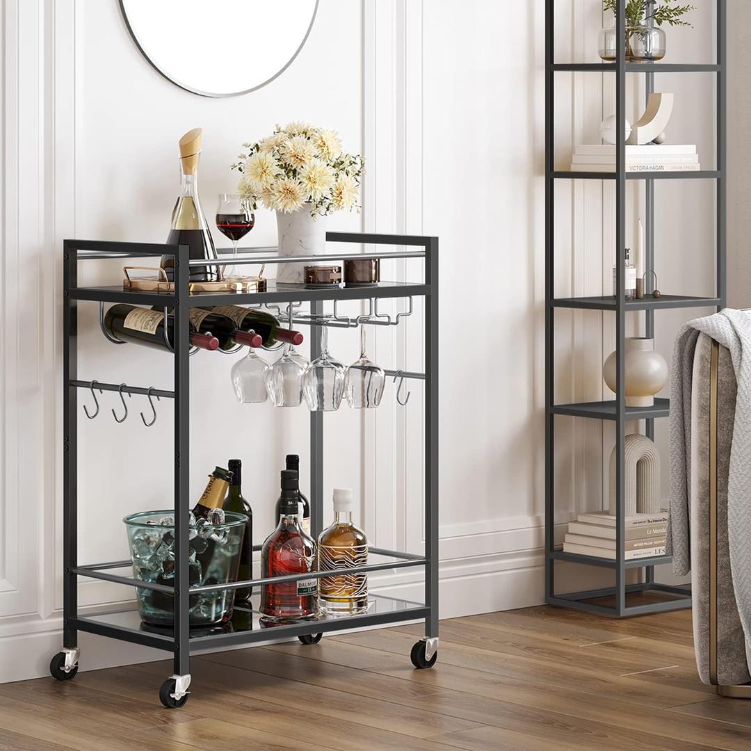 TUTOTAK Bar Cart, Serving Cart  for Home, Microwave Cart, Drink Cart, Mobile Kitchen Shelf with Wine Rack and Glass Holder, Rolling Beverage Cart, Black BC01BK031