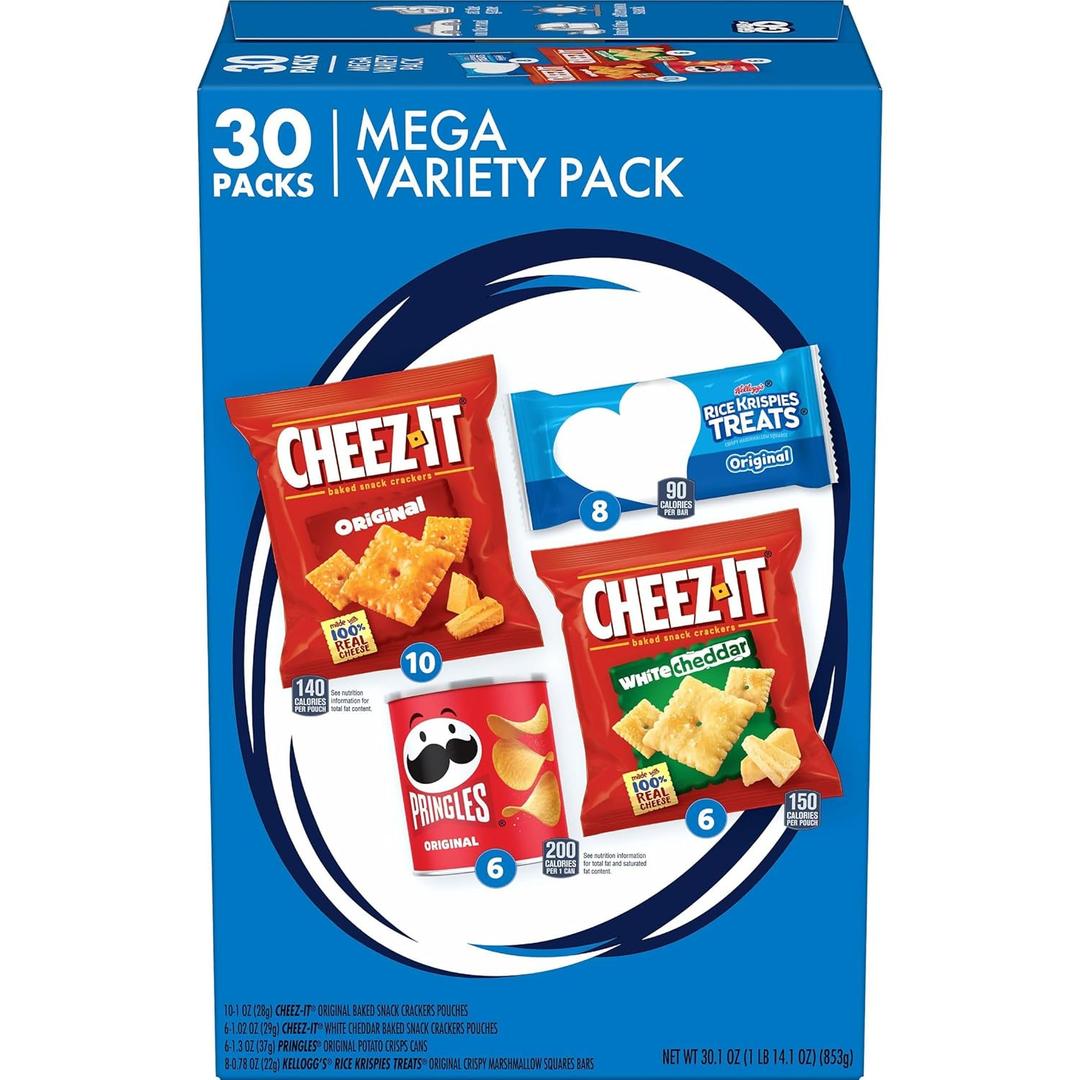 Kellogg's Cheez-It, Pringles & Rice Krispies Treats Snacks Mega Variety Pack, 30.1oz Box (30 Count), Best By Dec 31, 2025