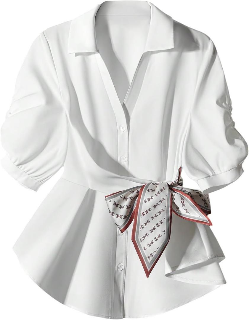 SOLY HUX Women's Button Down Shirts Collared Short Sleeve Bow Tie Front Casual Work Blouse Tops (White, S)