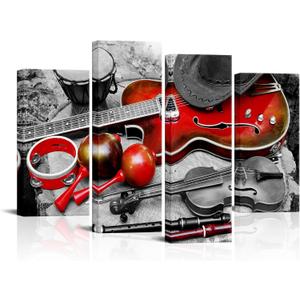 Conipit Music Instrument Wall Art Black Red Guitar Canvas Art Violin Pictures Western Musical Artwork Prints Framed 4 Panels