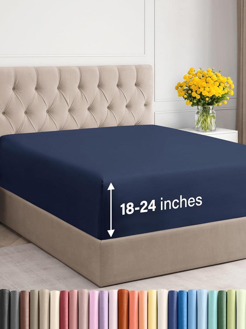 Extra Deep Queen Fitted Sheet - Hotel Luxury Single Fitted Sheet Only - Easily Fits 18 inch to 24 inch Mattress - Ultra Soft, Wrinkle & Fade Free w/Extra Deep Pockets - Breathable & Comfy - Navy Blue