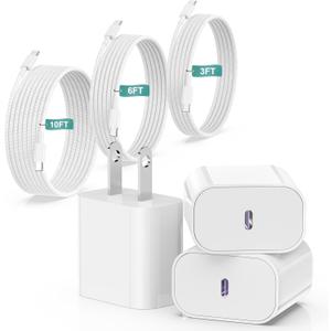 iPhone 17 16 15 Charger Fast Charging 20W USB C Wall Charger Block with 3 Pack [3TF+6FT+10FT] Braided USB C to C Cable Fast Charging for iPhone 15/16/17 Pro Max/Pro/Plus/Air,for iPad Pro/Samsung