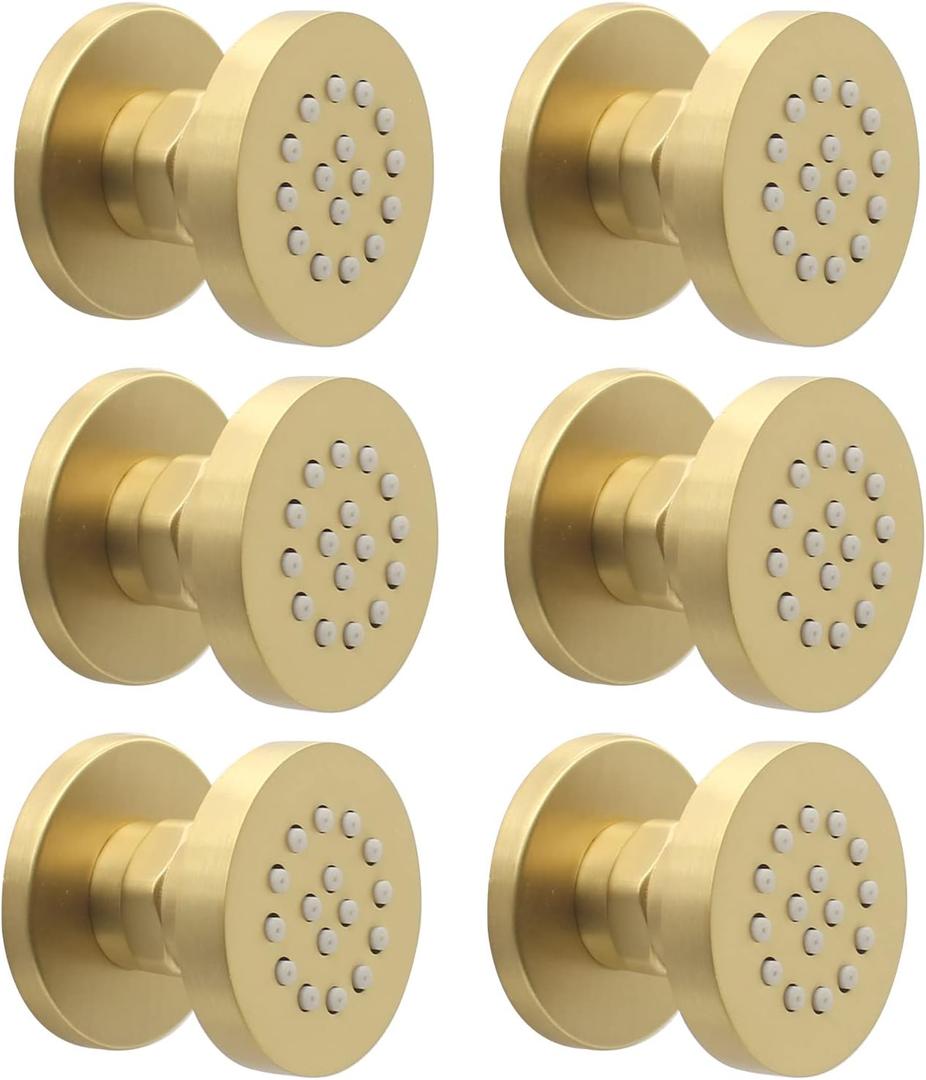 Brass Round Shower Body Spray Jets 6 Pack, HOMEDEC Spa Massage Nozzle 2inch Rain Showerhead Wall Mount Rainfall Shower Head Sprayer, Brushed Gold