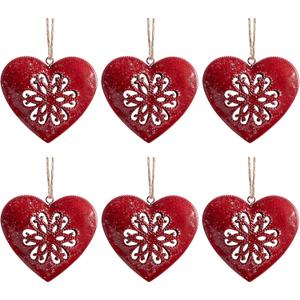 6 Pcs Valentines Metal Heart Ornament, Christmas Heart-Shaped Metal Decoration, Vintage Red Hearts Wall Hanging Decor for Valentine's Day Christmas Tree Holiday Party Home Decoration