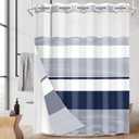 No Hook Navy Blue Shower Curtain with Snap in Fabric Liner Set, Boho Striped Modern Double Layers Waterproof Fabric with See Through Top Window Open Grommet Bath Curtain 71x74 Inch