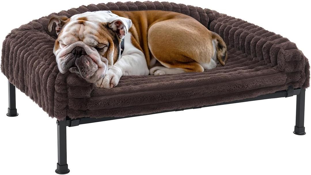 Veehoo Elevated Dog Bed with Bolster Cushion, Fluffy Plush Dog Couch Beds for Small Dogs, Cats, Washable Raised Pet Cot with Non-Slip Feet for Indoor or Patios Use, 36 x 28 Inches, Brown