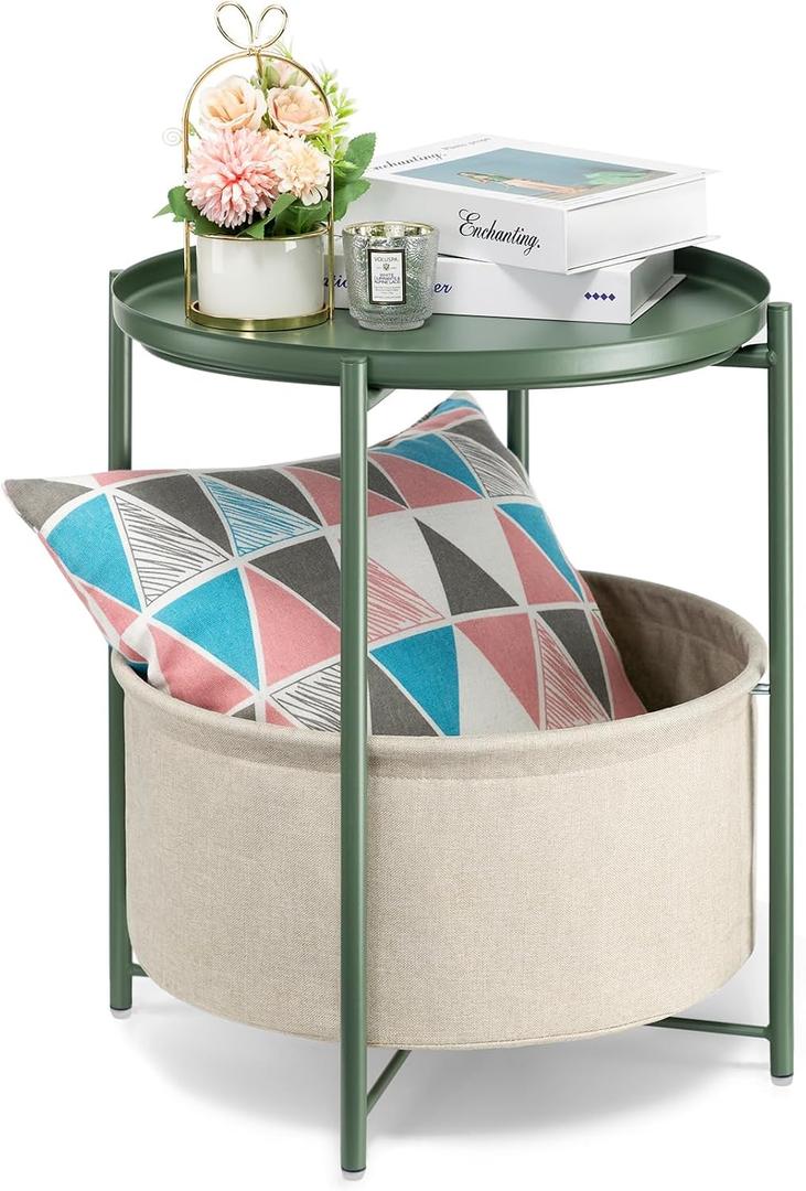 danpinera Round Side Table with Fabric Storage Basket, Metal Side Table Small Bedside Nightstand with Removable Tray for Living Room, Bedroom, Nursery, Dark Green, 17.71"D x 17.71"W x 20.4"H