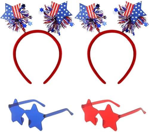 4 PCS Patriotic Party Accessories - Independence Day Headband, Star Sunglasses, Red White Blue Party Favors and Memorial Day Supplies, Missing One Star Sunglasses