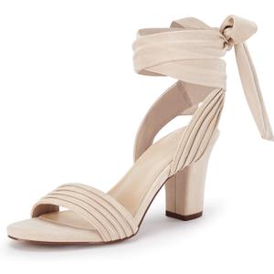 Coutgo Womens Strappy High Heels Chunky Heeled Sandals Bow Tie Lace Up Open Toe Pumps Dress Wedding Comfortable Shoes (8.5, Beige)