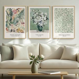 Framed Large Matisse Wall Art for Living Room and Bedroom, Set of 3 Piece Vintage Sage Green Canvas Painting Artwork for Walls, William Morris Botanical Floral Wall Art Prints for Guest Room, Bathroom, Hallway, Home Office Wall Decor, 16x24 Inch 