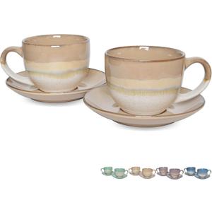 Bosmarlin Ceramic Cappuccino Cup and Saucer Set of 2, 10 Oz, Coffee Cups for Latte, Espresso, Tea, Dishwasher and Microwave Safe (Brown Grey)