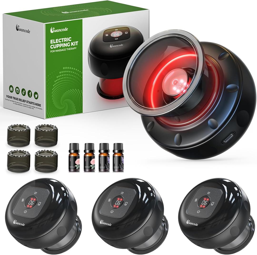 4 Pack Smart Cupping Set, Electric Cupping Device with Red Light, Heated Cupping Massager with 12-Level Suction & Heat, Cupping Machine for Pain Relief