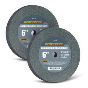 POWERTEC Bench Grinder Wheel 6 Inch 100 Grit, Aluminum Oxide Grinding Wheel for Bench Pedestal Grinder, 3/4" Thick 1/2" Arbor, Sharpening & Shaping Drill Bits, Blade, and Chisel 2PK (15519-P2)