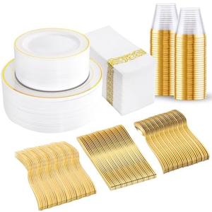 bUCLA 350PCS Gold Plastic Dinnerware Set - Gold Disposable Dinnerware for 50 Guests, Includes 50 Dinner Plates, 50 Dessert Plates, 50 Forks, 50 Knives, 50 Spoons, 50 Cups & 50 Napkins for Party