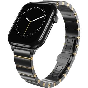 LULULOOK Compatible with Apple Watch Bands for Women 46mm 45mm 44mm 42mm 41mm 40mm 38mm, Metal Stainless Steel iWatch Strap for Apple Watch Series 11/10-1/SE Series (Black+Gold)