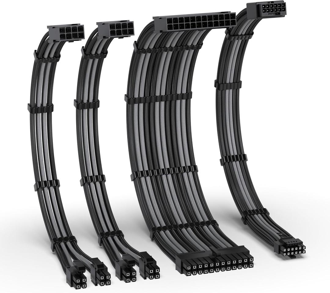 EZDIY-FAB 12VHPWR PSU Cable Extension Kit for RTX 50/40 Series,16AWG PCIE 5.0 Power Supply Cable Extension- 1x 24 Pin ATX /2X 8Pin (4+4) EPS / 1x12+4 Pin GPU,Sleeve Cable 300MM with Combs-Black Grey