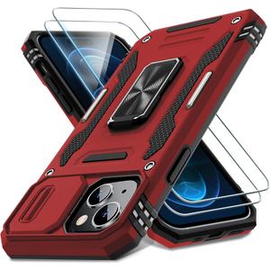 DEERLAMN Case for iPhone 15 with Slide Camera Cover + Screen Protector (2 Packs), Rotated Ring Kickstand Military Grade Shockproof Protective Cover-Red