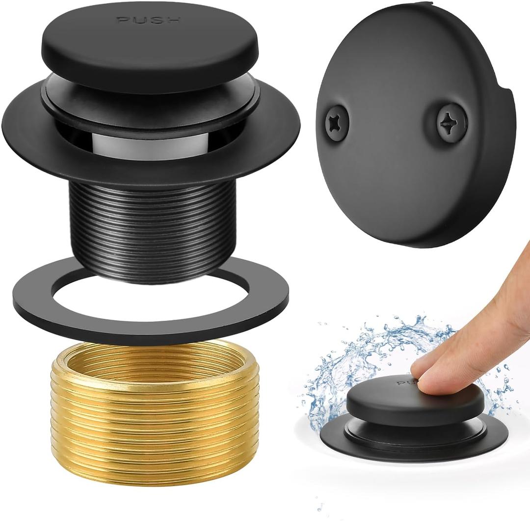 Matte Black Tub Drain Overflow Kit - Universal Bathtub Drain Replacement with 2-Hole Overflow Faceplate Set, Tip-Toe Conversion Kit, Fine & Coarse Thread