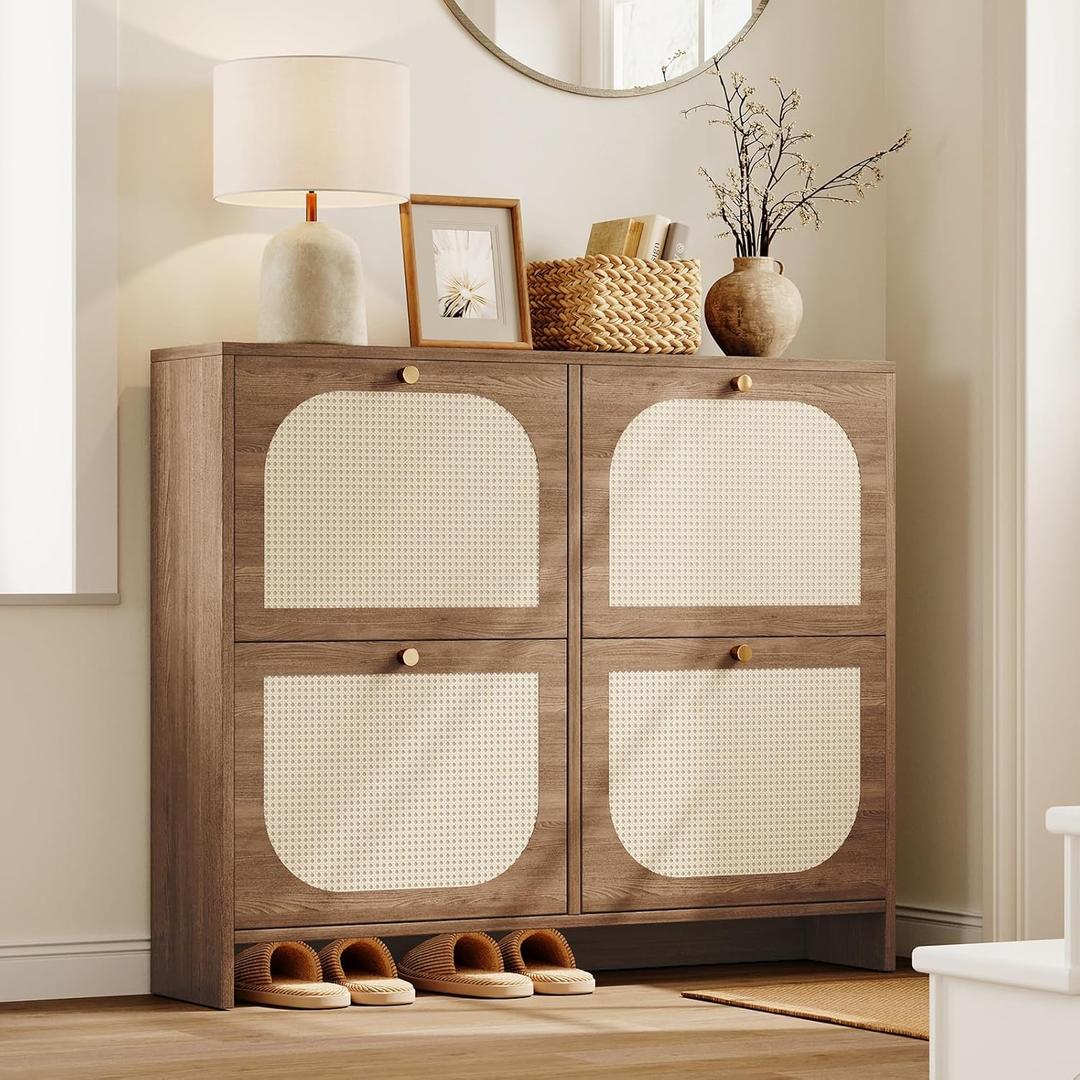 Nicetree Shoe Cabinet Storage for Entryway, Narrow Shoe Organizers with 4 Flip Drawers, Freestanding Large Shoe Rack with 3-Tier Adjustable Shelves for Hallway (4-Drawers, Oak Color)