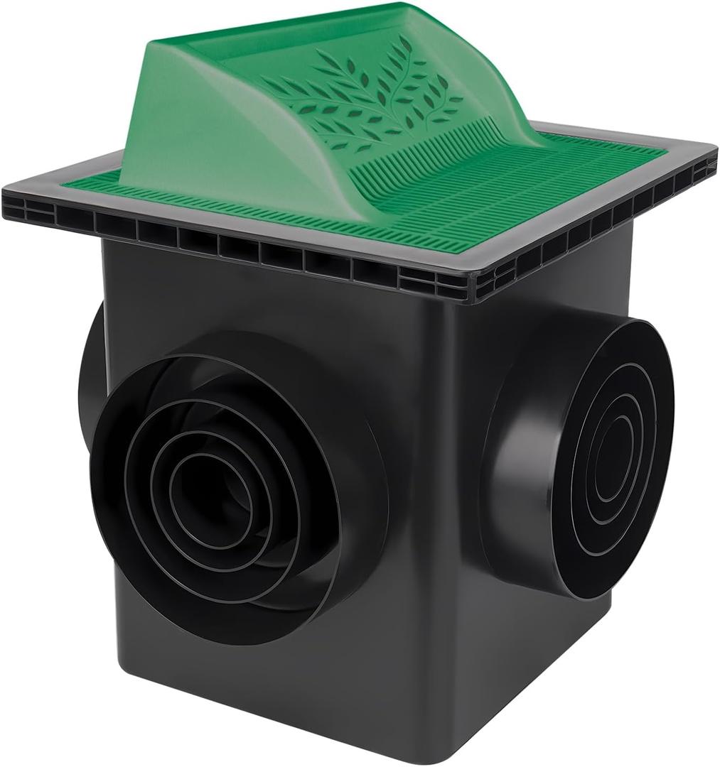 4 Outlet Catch Basin Kit 12X12 inch with Debris Basket and Downspout Grate,Fit for 4 Size(2, 3, 4 and 6)inch Pipe,Catch Basin for Drainage,Square rain water catching system,For Lawns, Landscaped Areas (Balck)