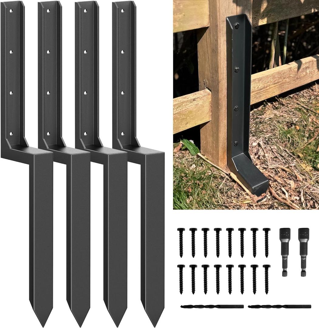 Fence Post Repair Kit - Thickened 11-Gauge Steel Anchors & Stake for Broken/Leaning 4x4/6x6 Wood Posts, 4-Pack