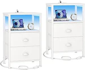 Furologee Nightstands Set of 2, End Tables Set of 2 with Charging Station and LED Lights, White Night Stands with 2 Fabric Drawers, Bedside Tables for Living Room/Bedroom