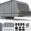 RVMasking Waterproof RV Cover, True 600D Top Travel Trailer Cover for 15'1"-18', Rip-Stop Windproof with 4 Tire Cover & Tongue Jack Cover, Neutral Gray