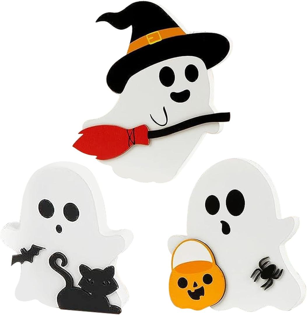 3Pcs Ghost Decors Cute Halloween Decorations Indoor Black Cat Witch Broom Pumpkin Halloween Table Decorations for Shelf Display