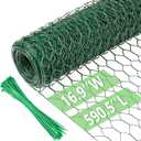 Chicken Wire 16.9 in x 590.5 in Poultry Wire Netting Hexagonal Galvanized Mesh Garden Fence Barrier for Pet Rabbit Chicken Fencing with 100 Pcs Cable Zip Ties(PVC-Coated) (Green)
