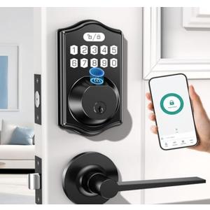 keyless Entry Door Lock deadbolt with Handle Set- Front Door Fingerprint Smart Locks with 2 Lever Handles-Keypad Code Deadbolt -App Control,Auto Lock,Easy to Install