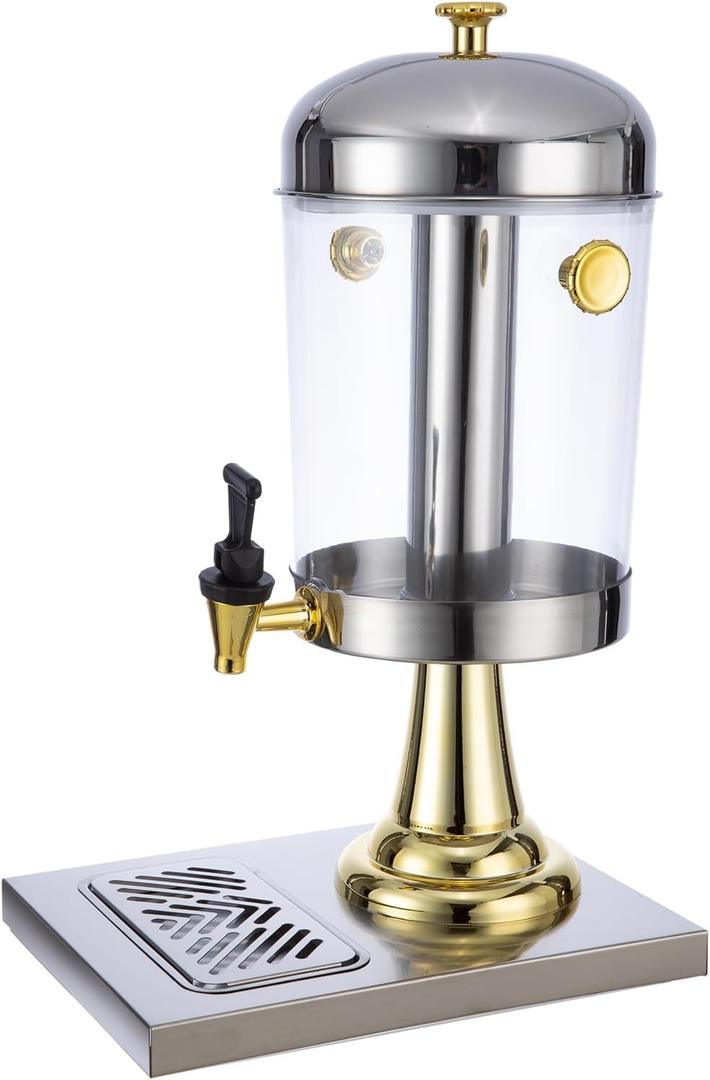 2.11Gallon Commercial Beverage Dispenser with Centre Ice Core and Stand Drip Trays Stainless Steel Cold Drink Dispenser for Parties Pub Cafeteria Restaurant Home Hotel (Gold, single-head)