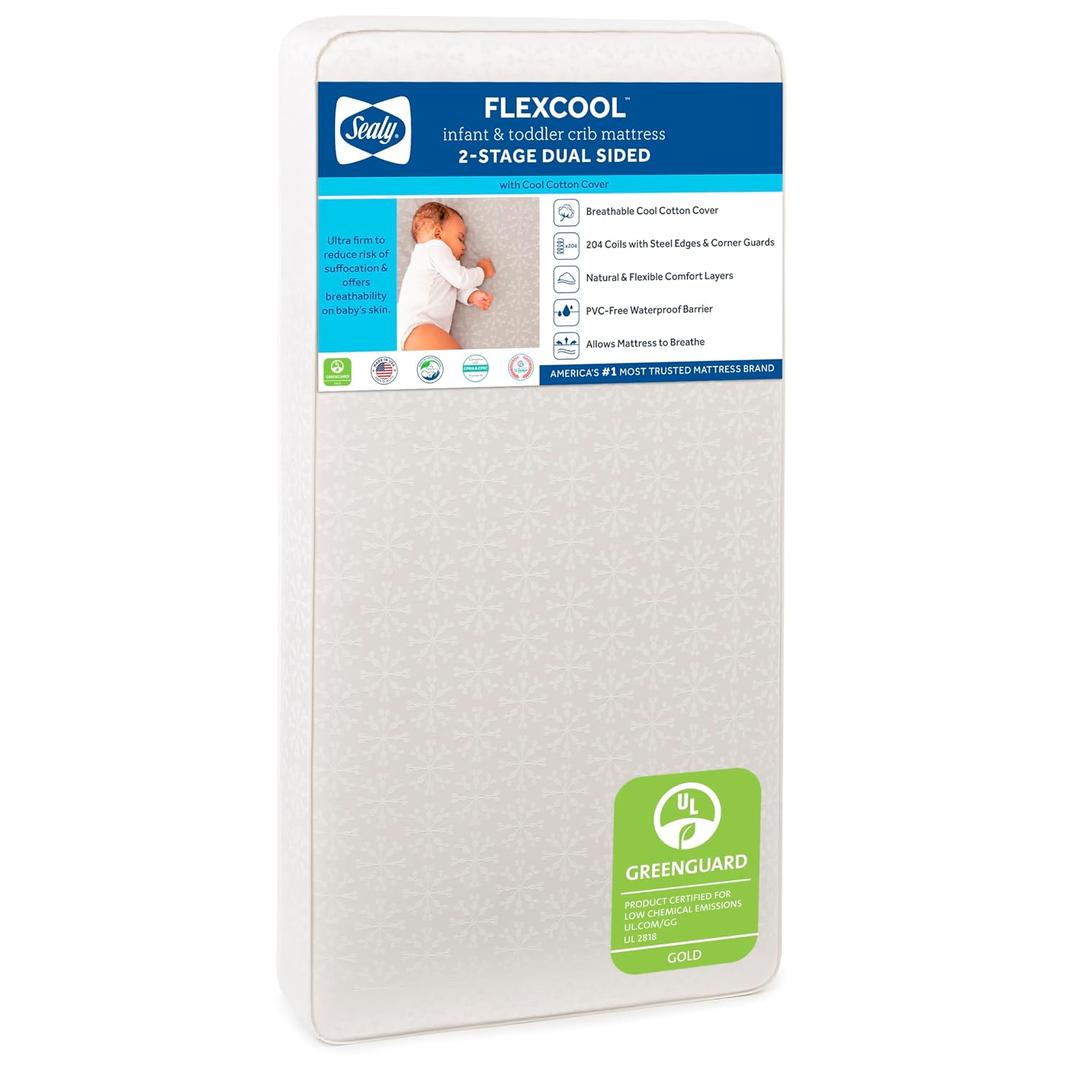 Sealy Baby Flex Cool 2 Stage Crib Mattress and Toddler Bed Mattress, Breathable Hybrid Coil Design, Waterproof Cotton Surface, GREENGUARD GOLD Certified, Standard 52x28 Size