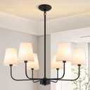 Farmhouse Chandelier 6 Light 31.5", Black Chandelier Modern Dining Room Light Fixtures over Table Island Lighting Fixture with Linen Fabric Shades for Kitchen Living Room Foyer Entryway Bedroom