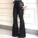 Pantete Womens High Waisted Bell Bottom Jeans Denim High Rise Flare Jean Pants with Wide Leg and Belt (Black, L)
