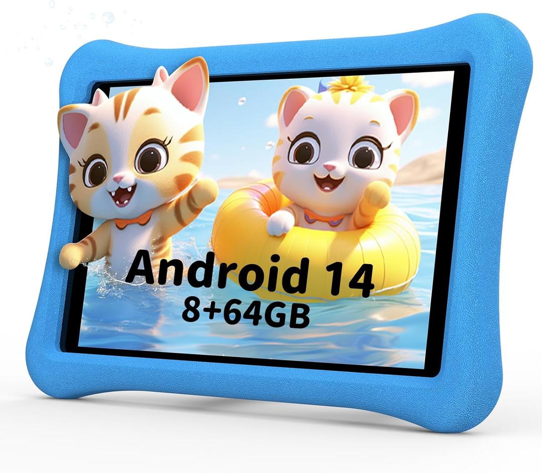 Kids Tablet for Kids 3-7: 10 inch Android 14 Tablet 6000mAh, 8GB+64GB+1TB Expandable for Toddler with Kids Space, Parental Control, HD, Dual Camera, WiFi, Shockproof Case, Screen Protector (Blue)