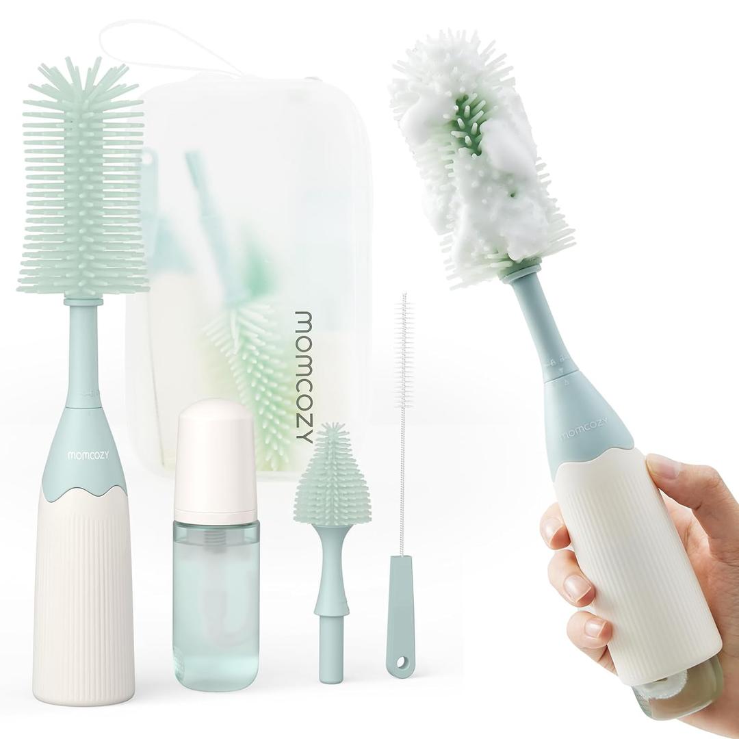 Momcozy Bottle Brush Kit, Innovative Push-Press Design for Better Cleaning - Baby Bottle Cleaner Brush for Baby Bottle, Breast Pumps, Nipples, and More - Can Generate Foam for Better Cleaning, Green (Press Bubble Style)
