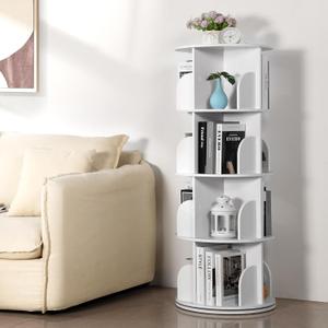 Rengue Rotating Bookshelf Tower, 4 Tiers 360 Spinning Book Shelf Revolving Bookcase Corner Book Case Organizer Display Shelf for Small Space, Bedroom, Living Room, Office, White