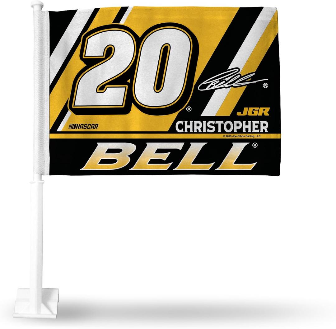Rico Industries NASCAR Racing Christopher Bell Double Sided Car Flag - 16" x 19" - Strong Pole that Hooks Onto Car/Truck/Automobile