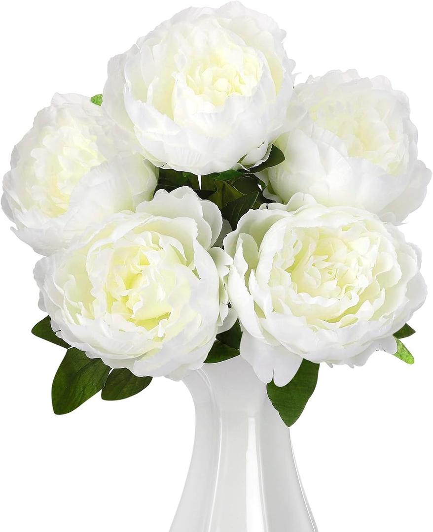 Peonies Artificial Flowers, 17 Inch Fake Silk Peonies Flowers Bouquet with Stems for Vase Arrangements, Wedding Centerpiece Party Home Decor (White)