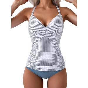 Womens Tankini Swimsuits Ruched Tummy Control Bathing Suits 2 Piece V Neck Wrap Tie Back Swimwear 2XL