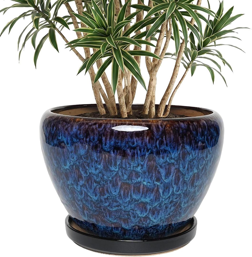 10.6 Inch Ceramic Planter with Saucer for Indoor Plants (Speckled Blue)