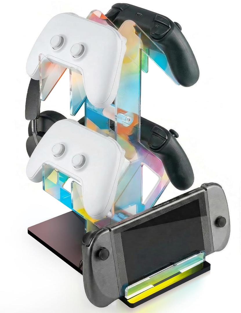 NiHome Iridescent Acrylic 2-Tier Universal Game Controller Headset Holder Rack, Modern Storage Organizer for PS5 Xbox ONE Switch Game Controllers and Headphones Anti-Slip Stable Gaming Accessory Stand