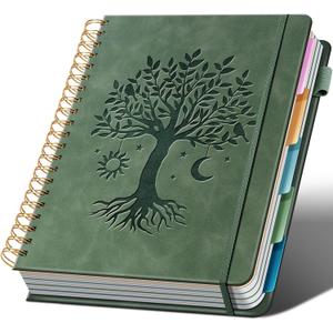 Hardcover Spiral Notebook 8.5" x 11" with 5 Removable Dividers 300 Pages Leather 5 Subject Notebook College Ruled 100GSM Large Spiral Notebooks for Work Thick Lined Journal for Women, Green