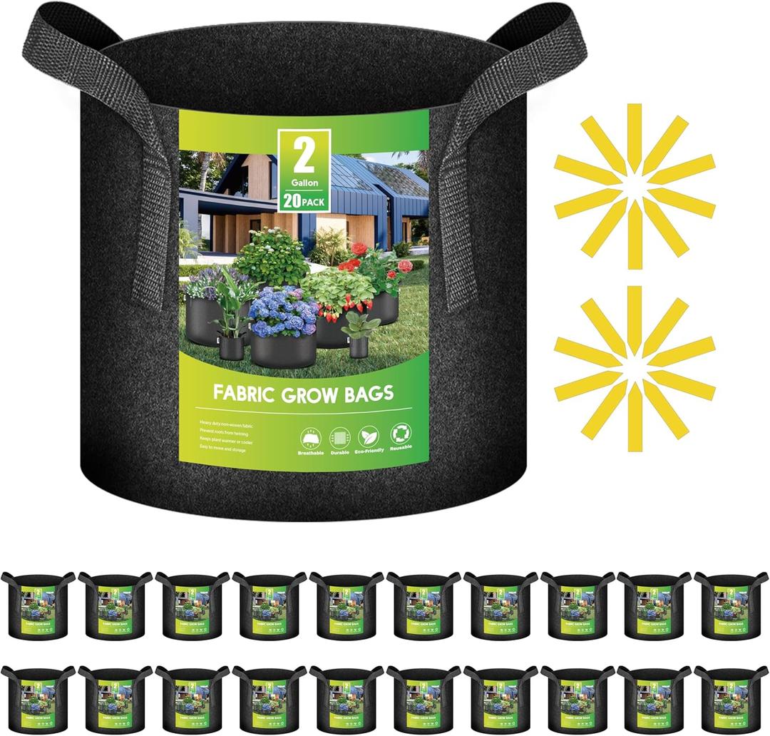 iPower 20 Pack 2 Gallon Grow Bags, Garden Planting Nonwoven Fabric Pots with Reinforced Handle, Heavy Duty and Aeration Planter Pot for Tomato, Fruits, Vegetables and Flowers