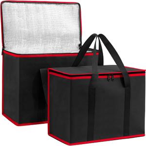 (Not Made In China) Insulated Reusable Grocery Bags, Catering and Delivery Bag For Hot and Cold Food, Collapsible Thermal Tote For Doordash and Uber Eats (1, Black w/Red Trim, X-Large)
