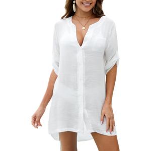 Swimsuit Coverup for Women 2024, V-Neck Beach Button Down Bikini Cover Ups Knee-Above Shirt Tops (Medium, White)